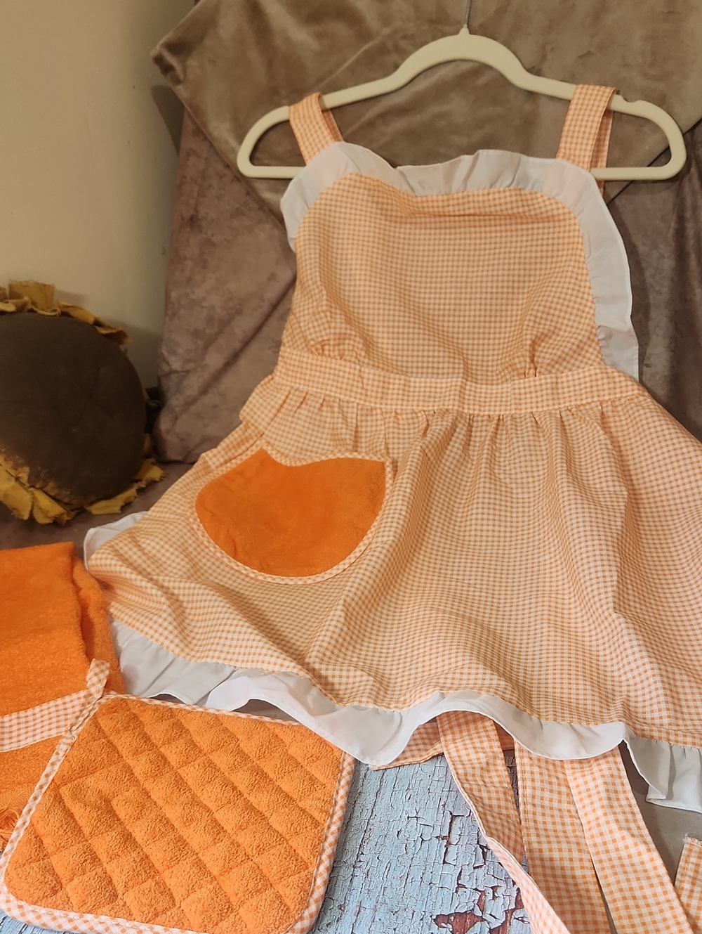 Wendy Bellissimo Orange Gingham Apron with White Trim